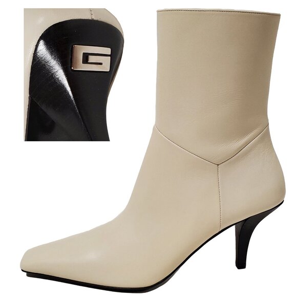 GUCCI BOOTS WHITE LEATHER SQUARE METAL G LOGO HEEL ANKLE BOOTIES sz 37 / 7 - Picture 1 of 16